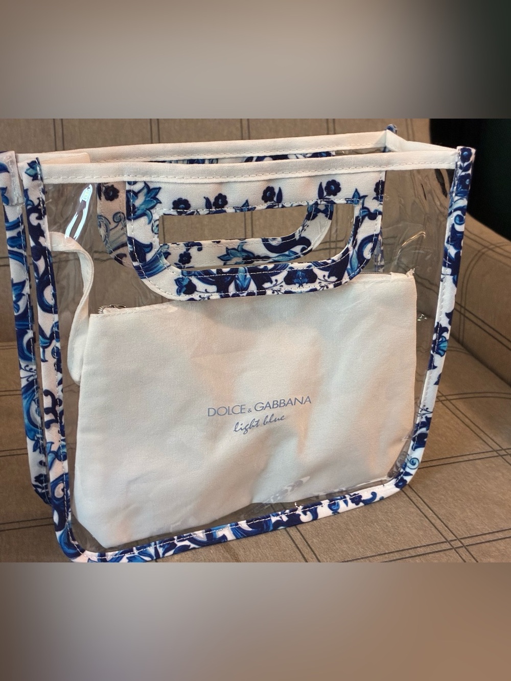 Dolce & Gabbana White Clear Tote with Blue Floral Trim